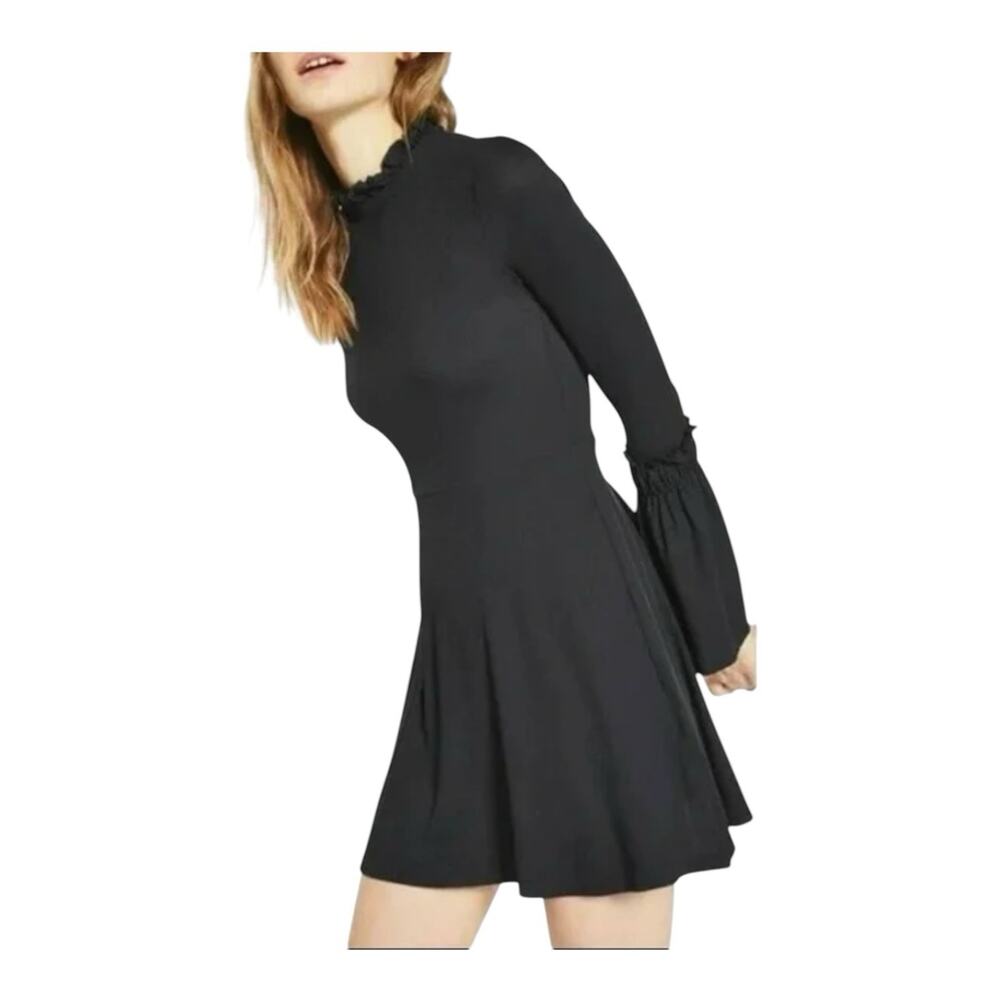 TOPSHOP Womens Black Fluted Ribbed Jersey Skater Dress Size 6 US Goth Witchycore